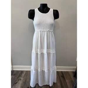 Fyve Smocked Tiered Maxi Dress Women’s P/S White Gauzy Lined Beach Vacation Boho